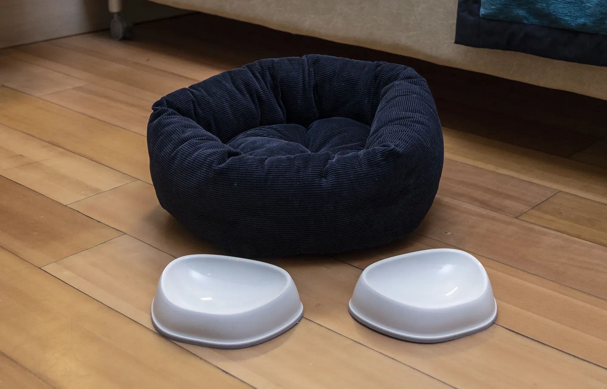 Pictured is a kennel with two bowls next to the bed